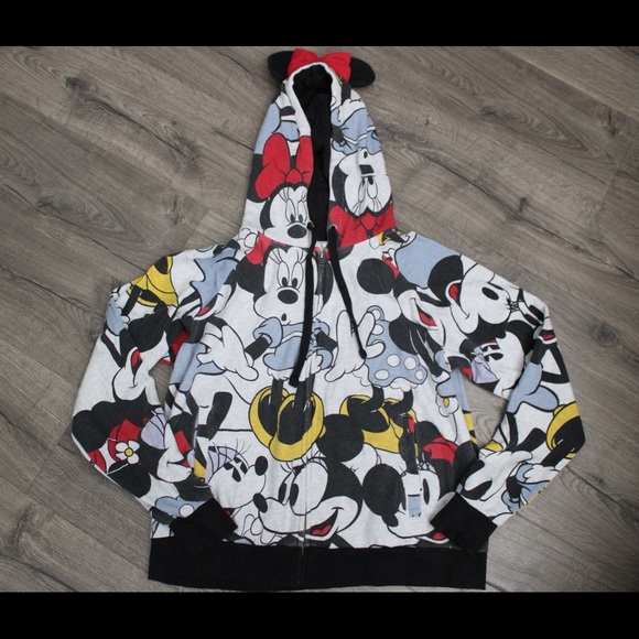 Disney Sweaters - DISNEY Japan Tokyo Minnie All Over Print Zip Up Sweater Size XL